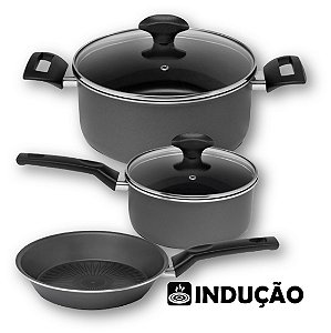 Jogo Panela Tampa Vidro + Caçarola Alumínio + Frigideira Ø22cm Antiaderente Fogão Indução - Multiflon - Chumbo