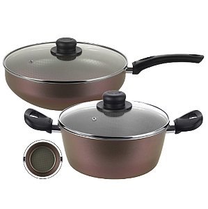 Conjunto Jogo Panela Caçarola Alumínio + Frigideira Wok 28cm Antiaderente Cozinha - Multiflon - Furta Cor