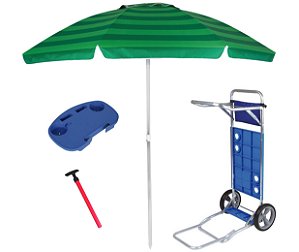 Kit Praia Guarda Sol 2,4m Carrinho Com Avanço Mesinha Para Cadeira Saca Areia Pressão - Mor - Verde