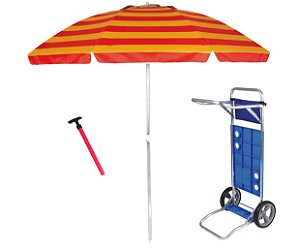 Kit Praia Guarda Sol 2,4m Carrinho Simples Saca Areia Pressão - Mor - Vermelho