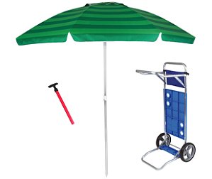 Kit Praia Guarda Sol 2,4m Carrinho Simples Saca Areia Pressão - Mor - Verde