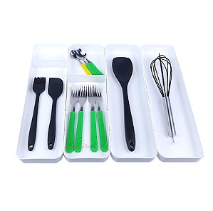 Kit 2 Organizador Gaveta Com Divisória + 2 Organizador Sem Divisória Porta Utensílios Cozinha - Coza - Branco