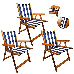 Kit 3 Cadeira De Madeira Dobrável Para Lazer Jardim Praia Piscina Camping - AMZ - Azul Marinho