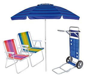 Kit Praia Guarda Sol Alumínio 2m Carrinho Com Avanço Cadeira Alta Listrada - Mor - Azul