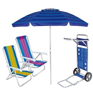 Kit Praia Guarda Sol Alumínio Articulado 2m Carrinho Com Avanço Cadeira Reclinável 8 Posições - Mor - Azul