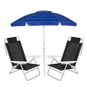 Kit Praia Guarda Sol Alumínio Articulado 2m Cadeira Reclinável Summer 6 Posições - Mor - Preto
