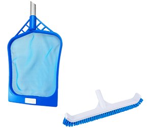 Kit Peneira Plástica Cata Folhas Escova Curva 44cm Acessório Limpeza Para Piscina - Netuno