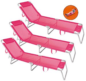 Kit 3 Cadeira Espreguiçadeira 4 Posições Alumínio Para Jardim Praia Piscina - Mor - Rosa