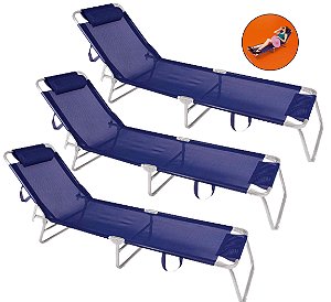 Kit 3 Cadeira Espreguiçadeira 4 Posições Alumínio Para Jardim Praia Piscina - Mor - Azul Marinho