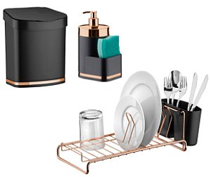 Kit Cozinha Lixeira 2,5L Escorredor De Louças Dispenser Detergente Rose Gold - Future - Preto