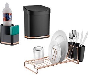 Kit Cozinha Lixeira 2,5L Escorredor De Louças Organizador De Pia Rose Gold - Future - Preto