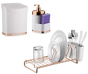 Kit Cozinha Lixeira 2,5L Escorredor De Louças Dispenser Detergente Rose Gold - Future - Branco