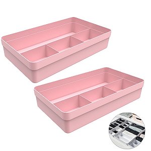 Kit 2 Organizadores de Gaveta Com Divisórias Multiuso Porta Utensílios Plástico Banheiro Cozinha Quarto - OU - Rosa