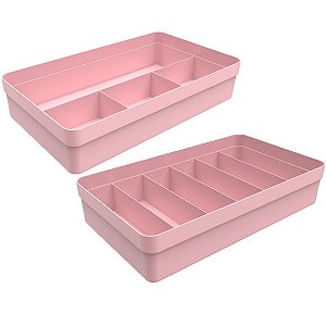 Kit 2 Organizadores Gaveta Com Divisórias Multiuso Porta Utensílios Cozinha Banheiro Quarto - Ou - Rosa