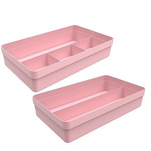 Kit 2 Organizadores de Gaveta Com Divisórias Multiuso Porta Utensílios Plástico Cozinha Banheiro Quarto - OU  - Rosa