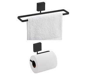 Kit Porta Toalha 25cm Toalheiro Suporte Papel Higiênico Banheiro Lavabo Preto Fosco - Future