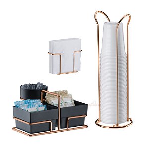 Kit Porta Café Sachês Chá Açúcar + Suporte Porta Copos Descartáveis Guardanapo Rose Gold - Future - Preto