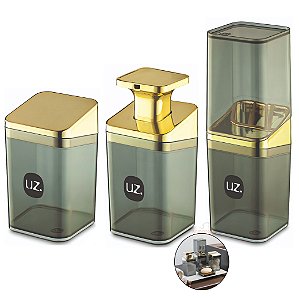 Kit Suporte Escova Dente + Dispenser Sabonete Líquido + Porta Algodão Cotonete Banheiro  Dourado - Uz