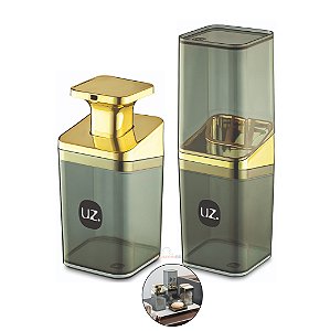 Kit Dispenser Porta Sabonete Líquido + Suporte Escova Dente Creme Dental Banheiro Dourado - Uz