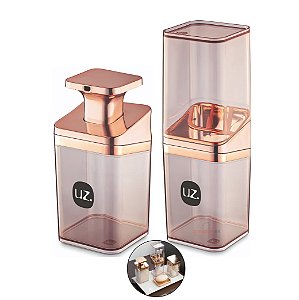 Kit Dispenser Porta Sabonete Líquido + Suporte Escova Dente Creme Dental Banheiro Rose Gold - Uz