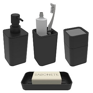 Kit Banheiro 4 Peças Dispenser Sabonete Líquido Saboneteira Porta Escova Algodão Cotonete Preto - Soprano