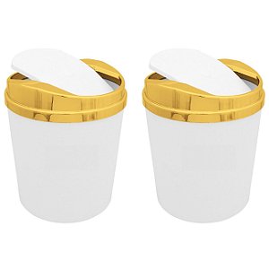 Kit 2 Lixeiras 5 Litros Para Cozinha Banheiro Com Tampa Dourada Basculante Metalizada Plástica - AMZ - Branco