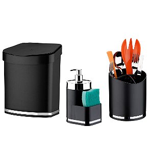 Kit Lixeira 2,5L Escorredor Talheres Dispenser Porta Detergente Organizadores de Pia Cozinha Preto Cromado - Future - Cr