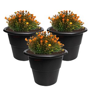 Kit 3 Vaso Redondo Grande Para Flores Plantas Jardim Plástico Preto - AMZ