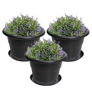 Kit 3 Vaso Redondo Pequeno Com Prato Plástico Para Flores Plantas Jardim Preto - AMZ