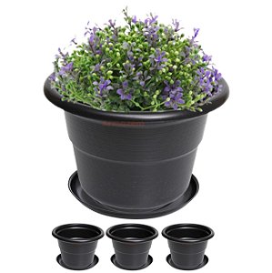 Kit 4 Vaso Redondo Médio Com Prato Para Flores Plantas Jardim Plástico Preto - AMZ