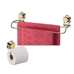 Kit Banheiro 2 Peças Suporte Porta Papel Higiênico Toalheiro Duplo Ventosa Dourado - Future