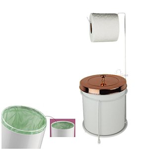 Kit Suporte Porta Papel Higiênico Chão Com Lixeira 5L Tampa Cesto Lixo Branco Rose Gold Banheiro - Future