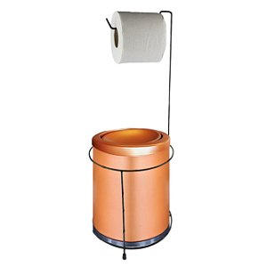 Kit Suporte Porta Papel Higiênico Chão Com Lixeira 6,3L Basculante Cesto Lixo Preto Rose Gold Banheiro  - CP