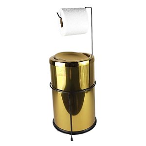 Kit Suporte Porta Papel Higiênico Chão Com Lixeira 9,1L Basculante Cesto Lixo Preto Dourado Banheiro - CP
