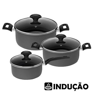 Jogo De Panela 3 Peças Caçarola Ø22cm Caçarola Ø20cm Panela Ø18cm Alumínio Antiaderente Fogão Indução - Multiflon - Chum