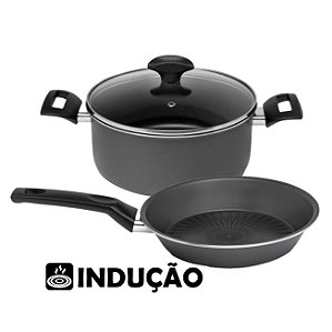 Jogo Panela Caçarola Tampa Vidro Ø20cm Frigideira Ø22cm Alumínio Antiaderente Fogão Indução - Multiflon - Chumbo