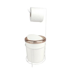 Kit Suporte Porta Papel Higiênico Lixeira 5L Cesto Lixo Tampa Basculante Redonda Banheiro Branco Rose Gold - AMZ