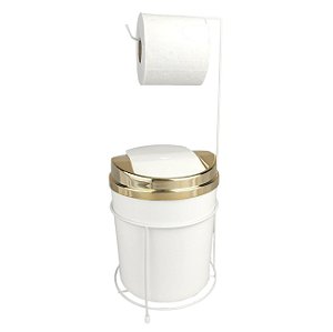 Kit Suporte Porta Papel Higiênico Lixeira 5L Cesto Lixo Tampa Basculante Banheiro Branco Dourado - AMZ