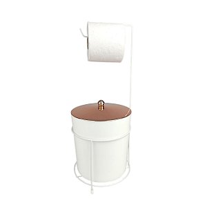 Kit Suporte Porta Papel Higiênico Lixeira 5L Cesto Lixo Tampa Pino Banheiro Branco Rose Gold - AMZ