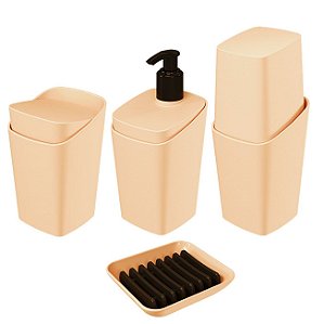 Kit Banheiro 4 Peças Dispenser Sabonete Líquido Porta Escova De Dente Algodão Cotonete Saboneteira Square Rosa - Coza