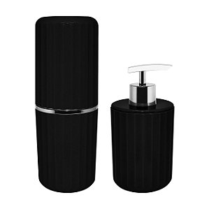 Conjunto Banheiro 2 Peças Portas Escovas Dispenser Sabonete Líquido Groove Preto Cromado - CBG 815 Ou