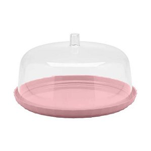 Suporte Porta Bolo Pão Alimento Boleiro Doceira 25cm Com Tampa Transparente Cozinha Break Rosa - BF 250 Ou