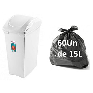 Kit Lixeira 15l Tampa Basculante 60un Sacos Para Lixo Em Rolo Reforçado - Sanremo - Branco