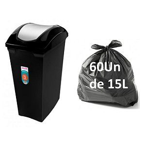 Kit Lixeira 15l Tampa Basculante 60un Sacos Para Lixo Em Rolo Reforçado - Sanremo - Preto