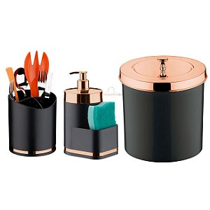 Kit Cozinha 3 Peças Lixeira 5L Dispenser Porta Detergente Esponja Escorredor Talheres  Preto Rose Gold - Future