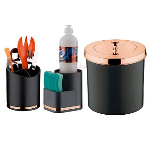 Kit Cozinha 3 Peças Lixeira 5L Organizador Porta Detergente Esponja Escorredor Talheres Preto Rose Gold - Future