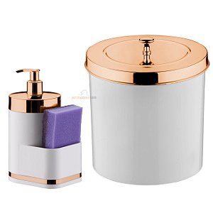 Kit Cozinha 2 Peças Lixeira 5L Dispenser Porta Detergente Líquido Esponja Para Pia Branco Rose Gold - Future