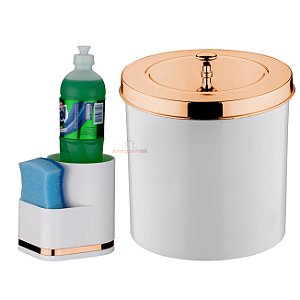 Kit Cozinha 2 Peças Lixeira 5L Organizador Porta Detergente Esponja Para Pia Branco Rose Gold - Future