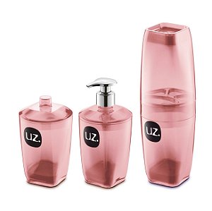 Kit Banheiro Suporte Porta Escova Algodão Cotonete Dispenser Sabonete Líquido Premium Rosa - Uz