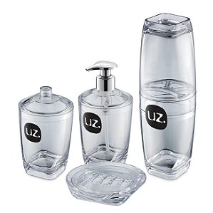 Kit Banheiro Dispenser Sabonete Suporte Porta Escova Algodão Cotonete Saboneteira Transparente - Uz